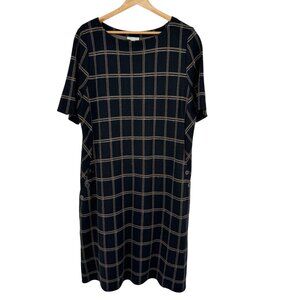 J. Jill Black Tan Plaid Ponte Dress Short Sleeve size Large Womens
